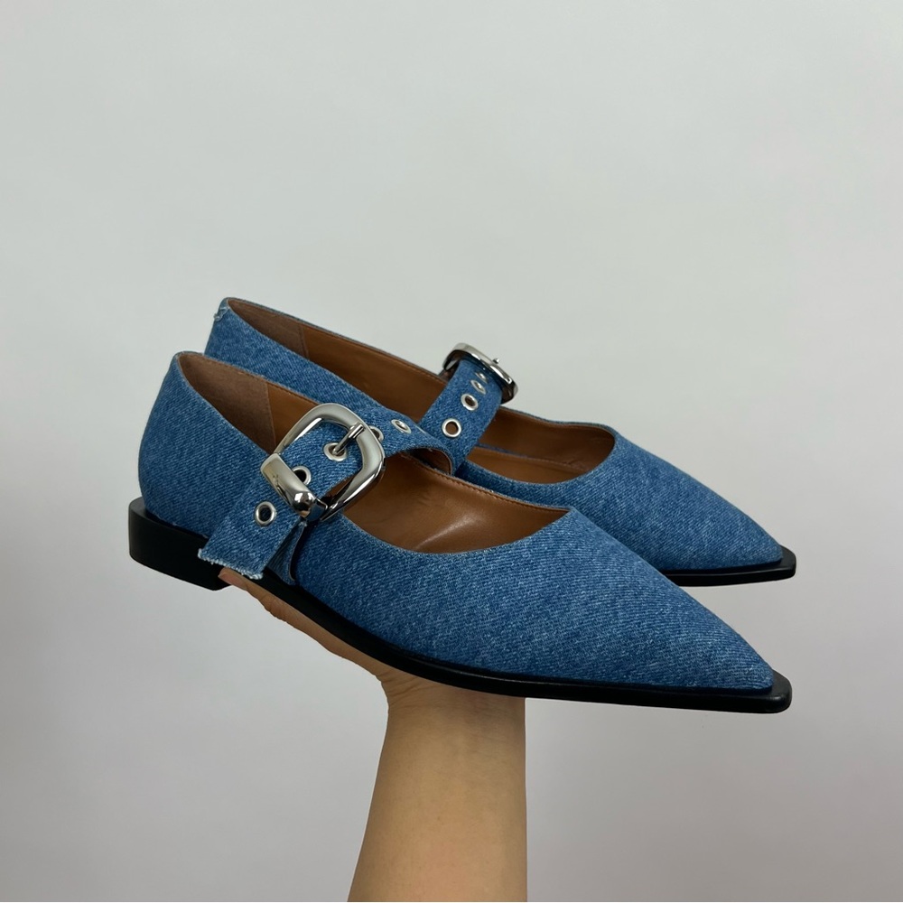 Maeve Anthropologie denim blue Pointed-Toe Moto Mary Jane Flats